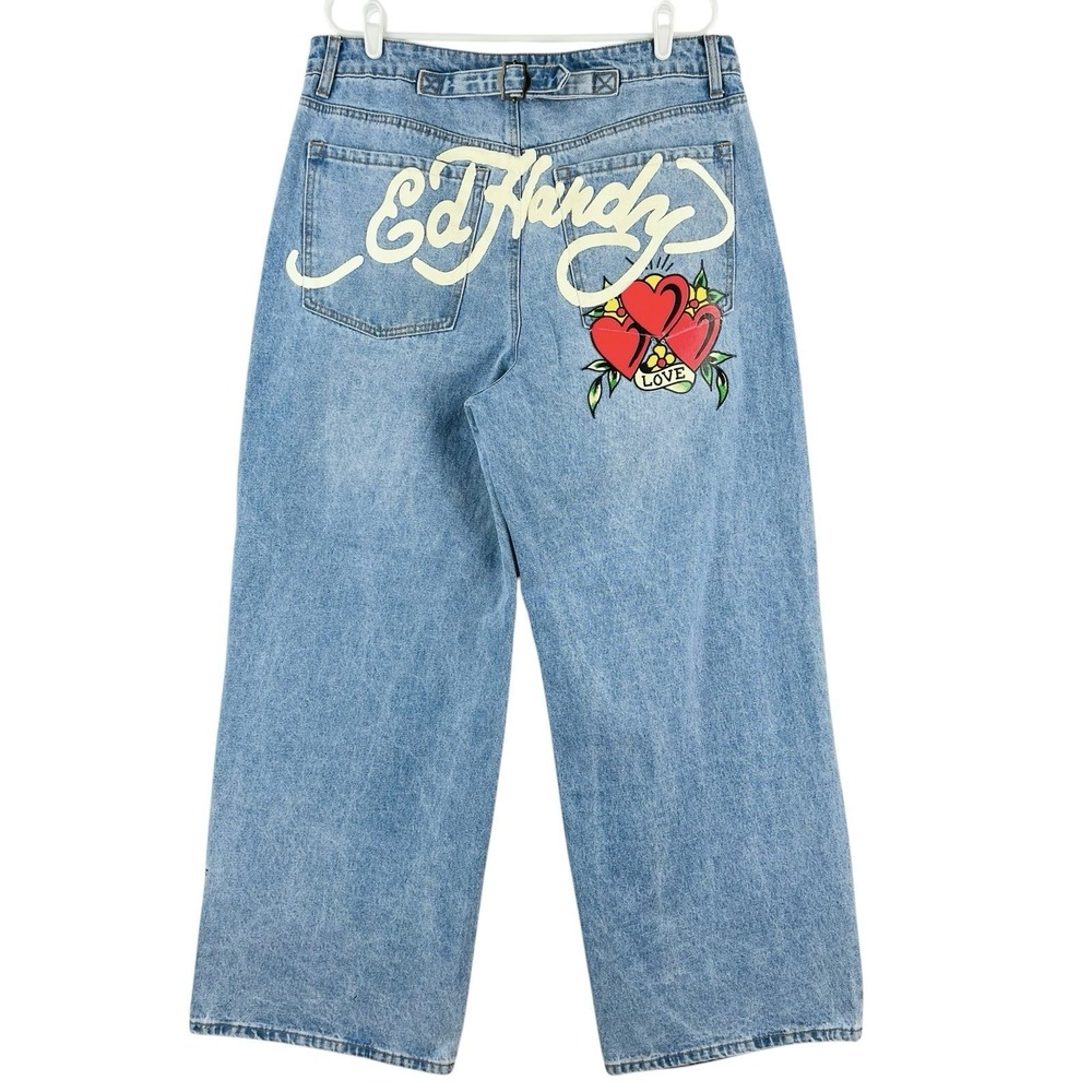 NWT Ed Hardy Women Loose Fit Wide Leg Blue Jean Sz 32 Embroidery Heart High-Rise
